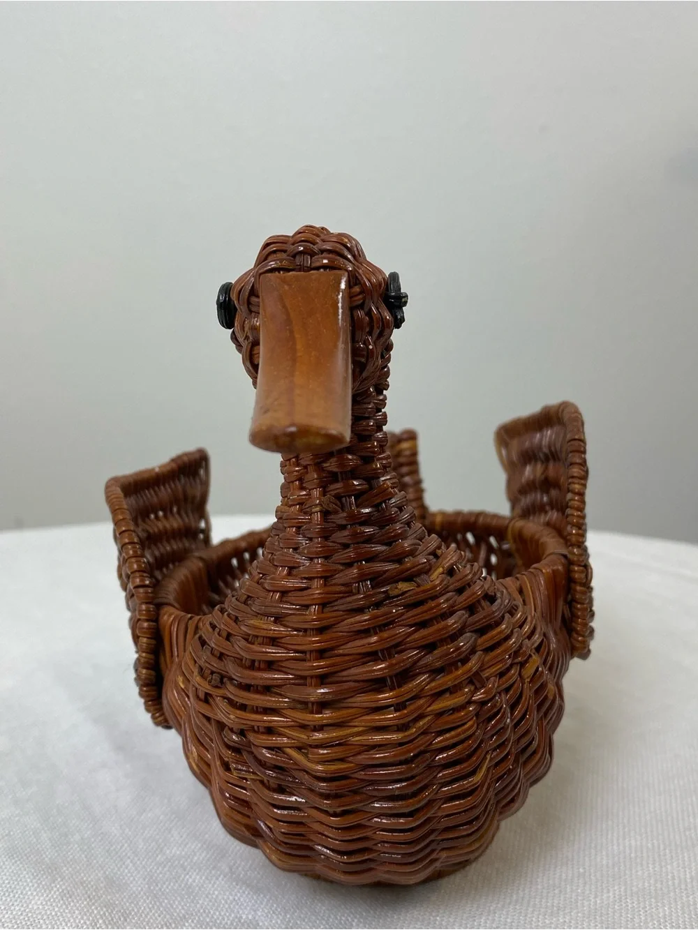 Vintage Wicker/Woven Duck with Wood Bill Basket